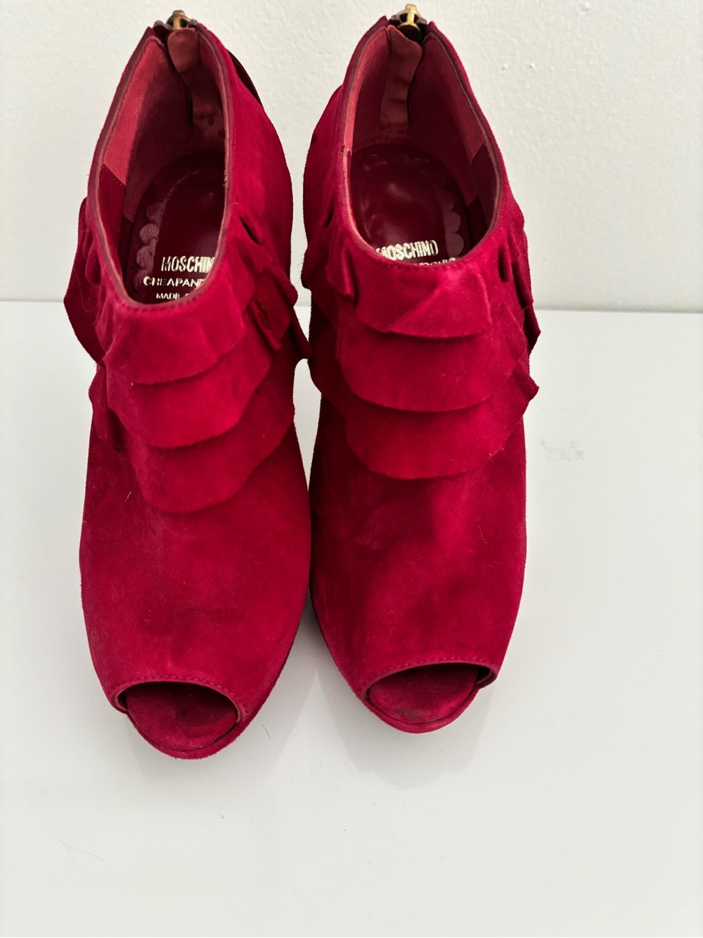 Moschino Magenta Suede Peep-Toe Mules with Layered Ruffle